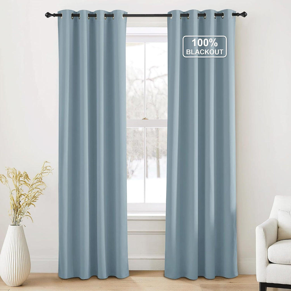 NICETOWN Greyish Blue Blackout Thermal Insulating Window Curtain Panels for Bedroom - Plylux Room Darkening 84 inch Length Grommet Smart…