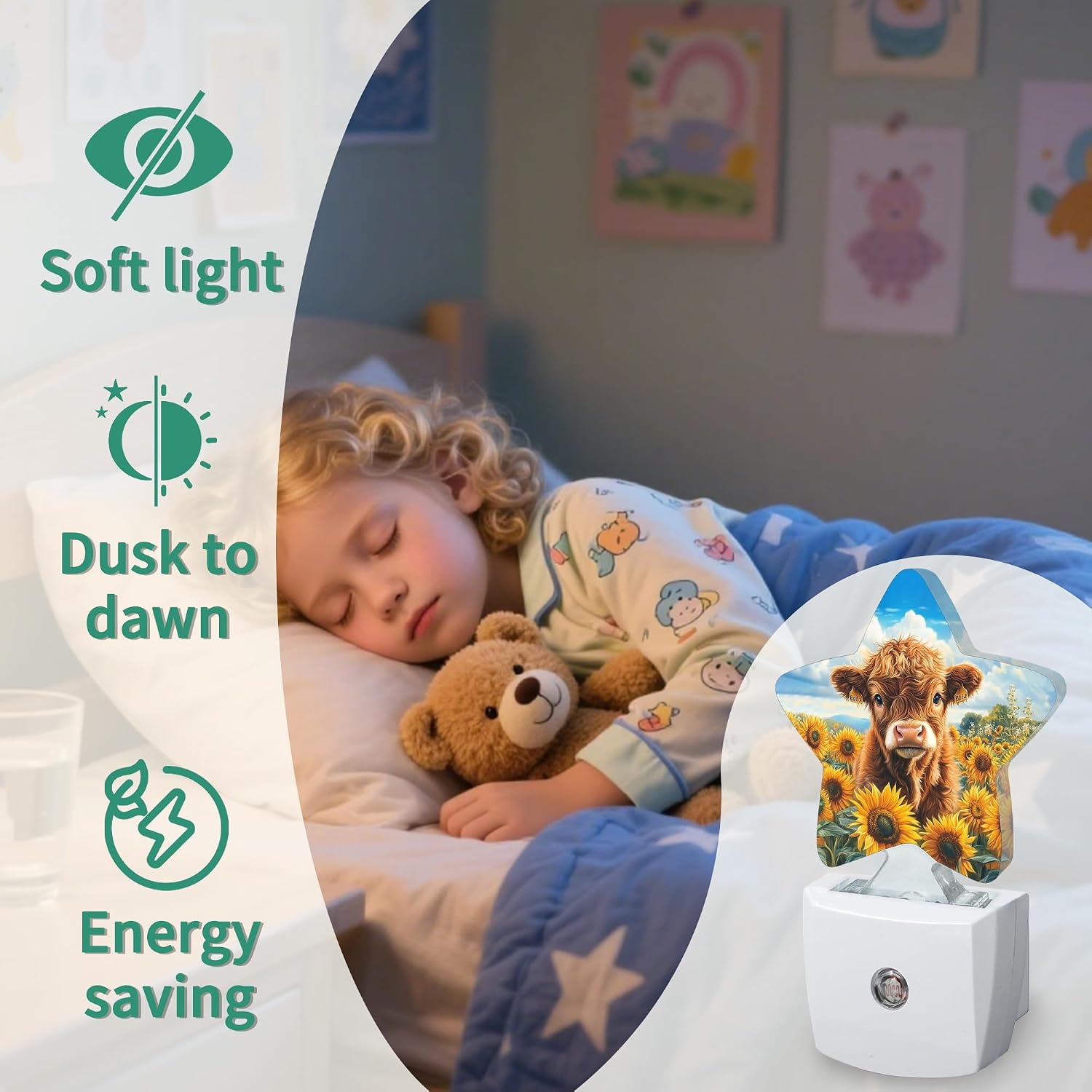 Highland Cow Star Night Light Plug in, Decorative Night Light for Kids Room Nursery Bedroom, Soft Glow Sensor Lamp for Hallway Bathroom…