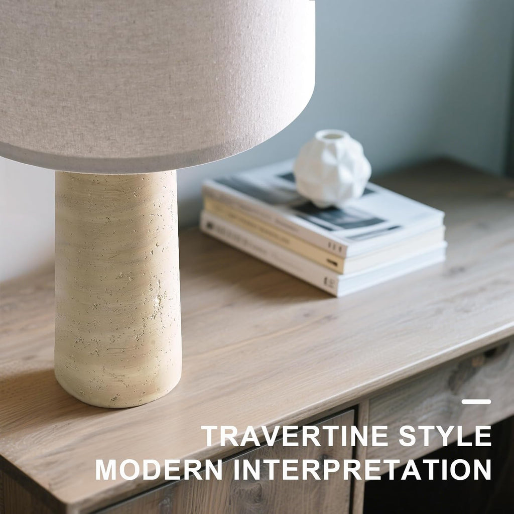 BOBOMOMO Modern Table Lamp Set of 2, Warm Beige Resin Lamp with Natural Stone Look, 27.25" Lamps for Living Room with Linen Shades…