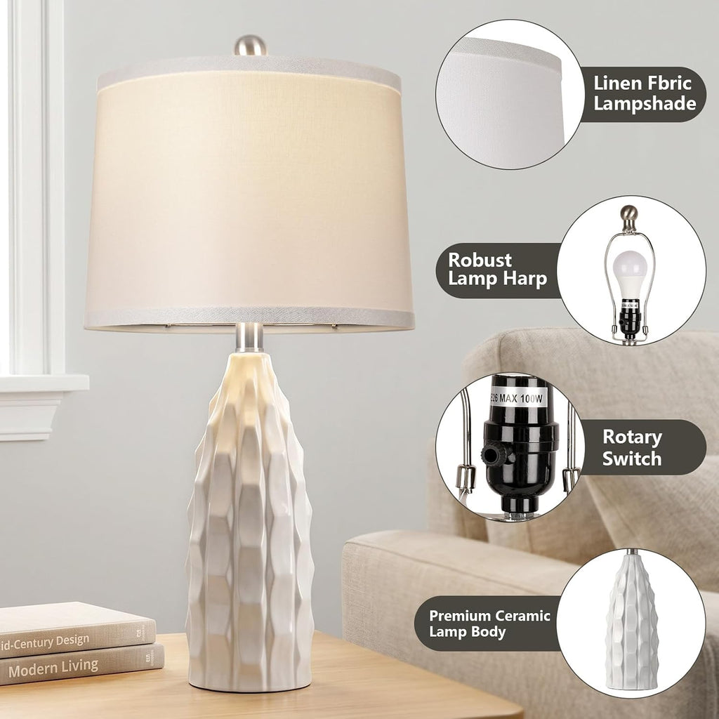 WIHTU Creamic Table lamp Set of 2, 24'' Modern Dimmable Table Lamp for Living Room, Farmhouse Nightstand Lamps with Linen Shade, White…