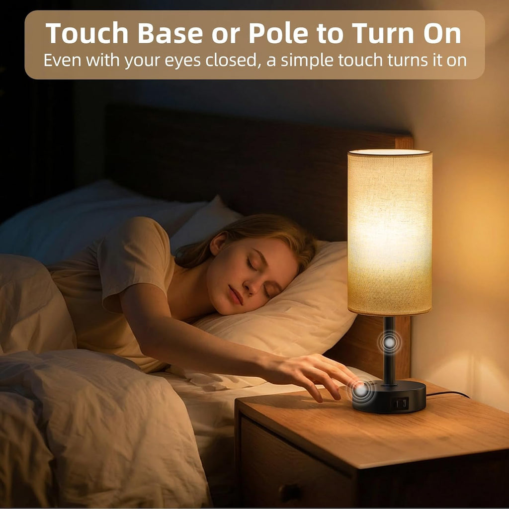 Fitfull Table Lamp for Nightstand, High-Sensitivity Touch, 3-Level Dimmable Bedside Lamp with AC Outlet | USB | and USB-C, Ideal Nig…