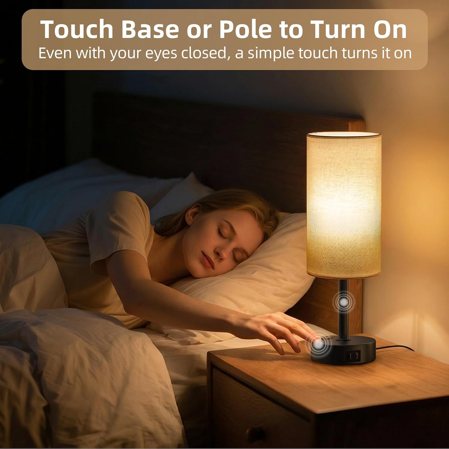 Fitfull Table Lamp for Nightstand, High-Sensitivity Touch, 3-Level Dimmable Bedside Lamp with AC Outlet | USB | and USB-C, Ideal Nig…