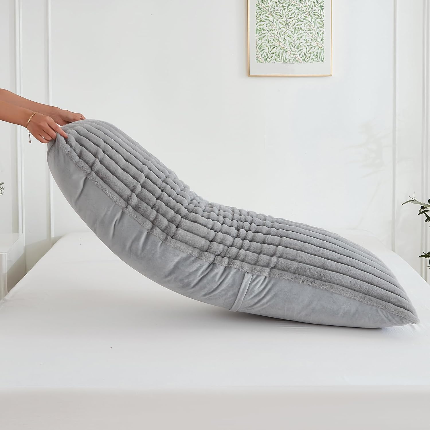 Memfydu Full Body Pillow with Fluffy Stripe Faux Fur Removable Cover, Long Bed Pillow Adult 20x54 Inches for Side Sleeper and Pregnancy, Gr…