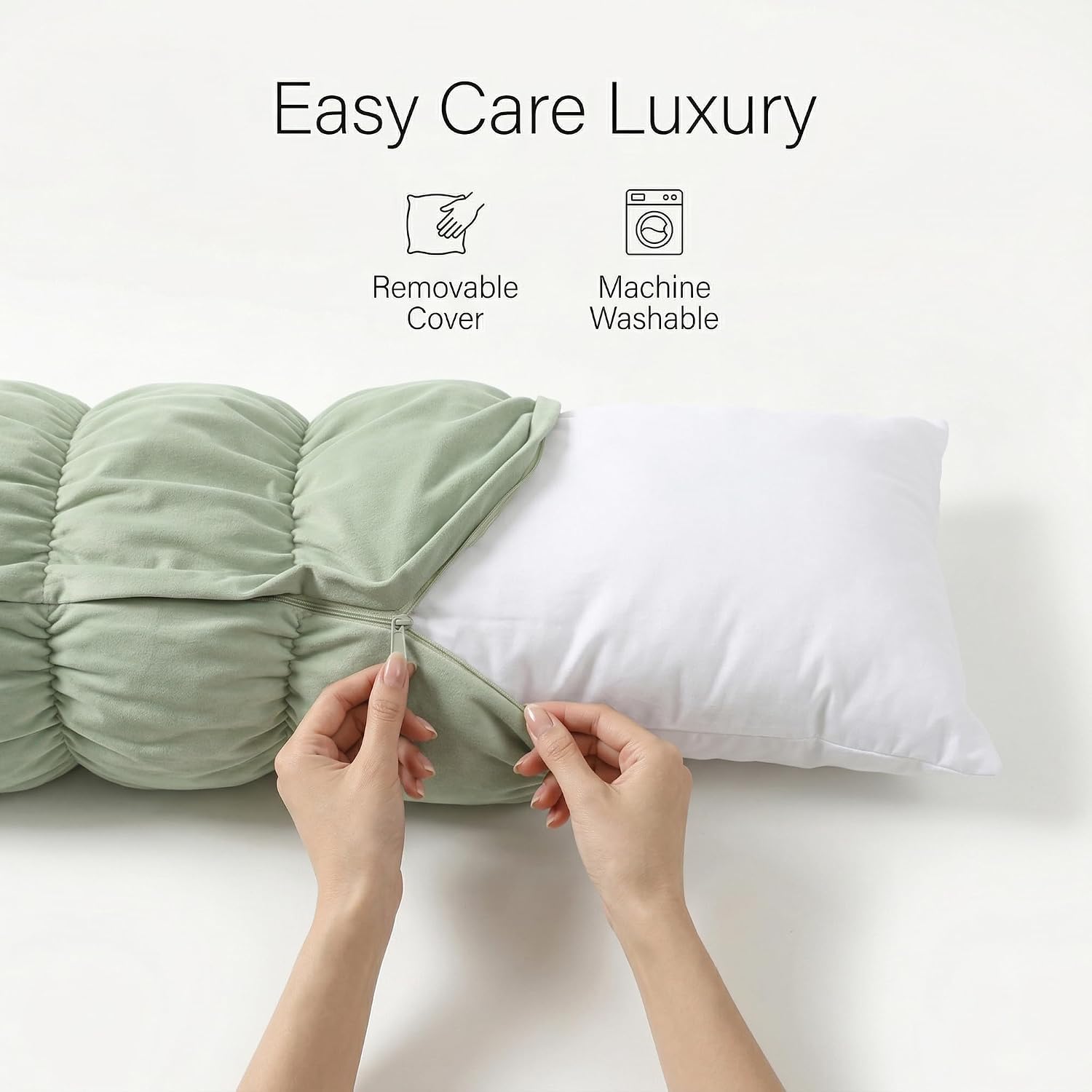 Ailuteie Pat. Pend. Long Pillow for Bed, Segmented Body Pillow for Adults and Side Sleepers with Soft Velvet Washable Pillowcase (Celadon G…