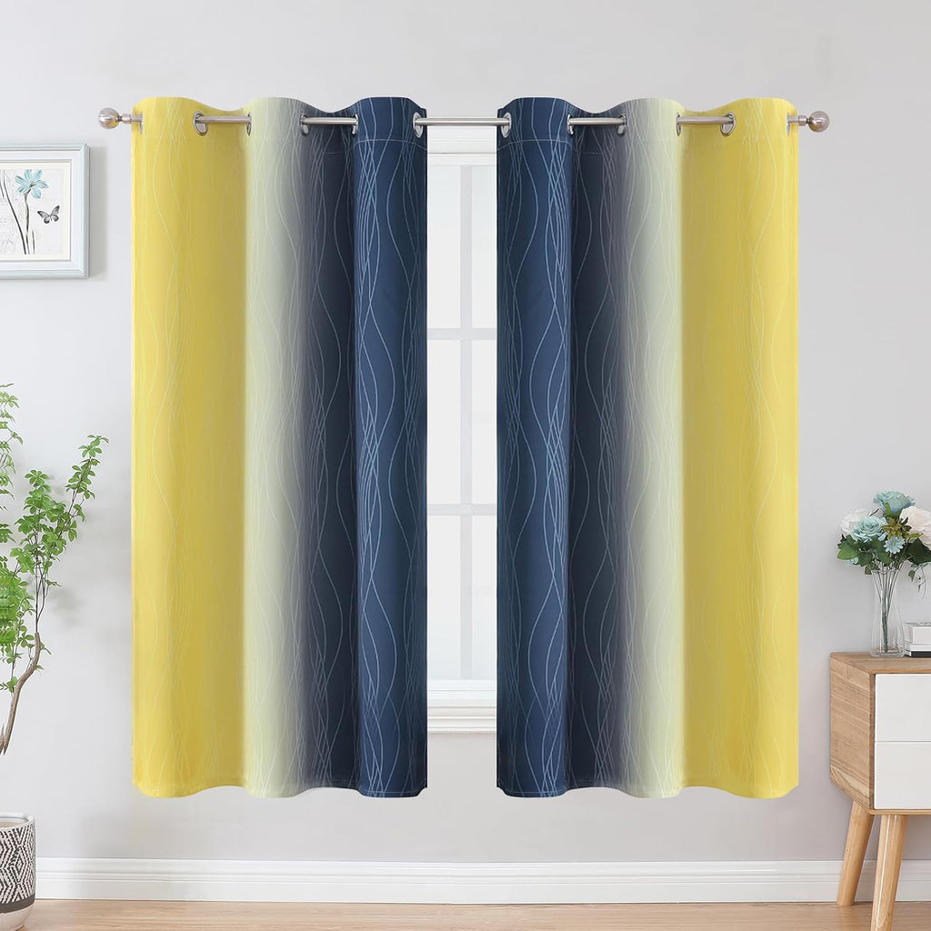 Estelartextiler Estelar Textiler Yellow and Navy Blue Blackout Curtains for Boys Bedroom, Full Light Blocking Grommet Ombre Curtains for Li…