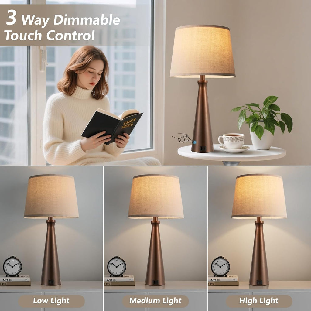 Seealle Modern Table Lamps Set of 2 - Touch Bedside Lamp for Nightstand with Dual USB C+A,3-Way Dimmable Brown Nightstand Lamps for…