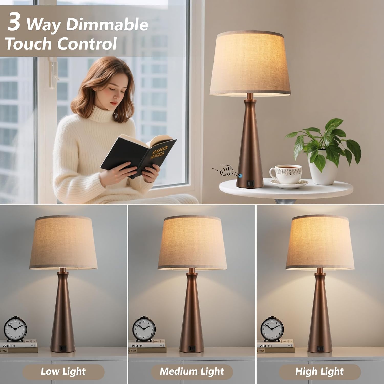 Seealle Modern Table Lamps Set of 2 - Touch Bedside Lamp for Nightstand with Dual USB C+A,3-Way Dimmable Brown Nightstand Lamps for…