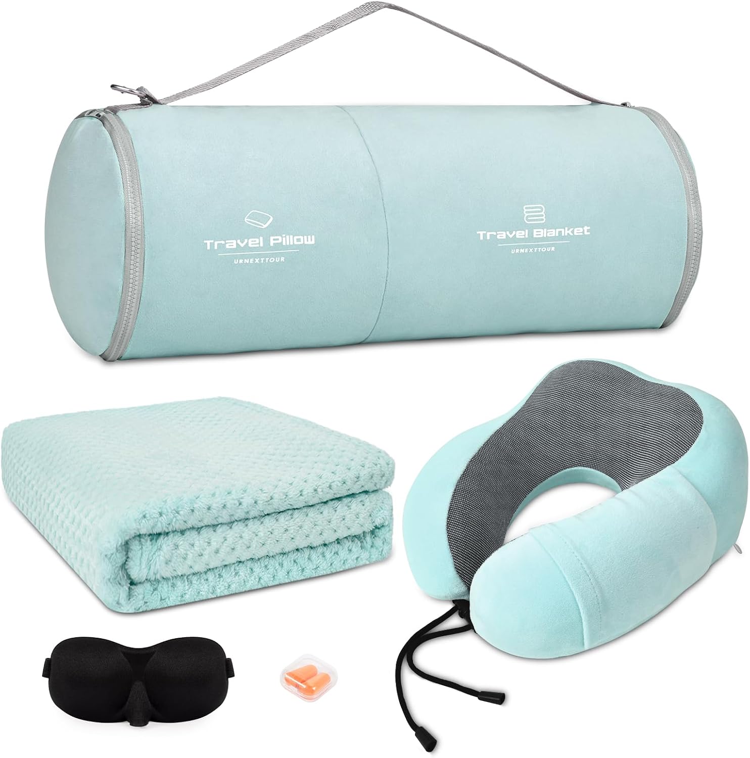 urnexttour Travel Pillow and Blanket Set Neck Pillows Soft Blankets with Sleep Mask Travel Essentials for Airplane Car Memory Foam Blue…