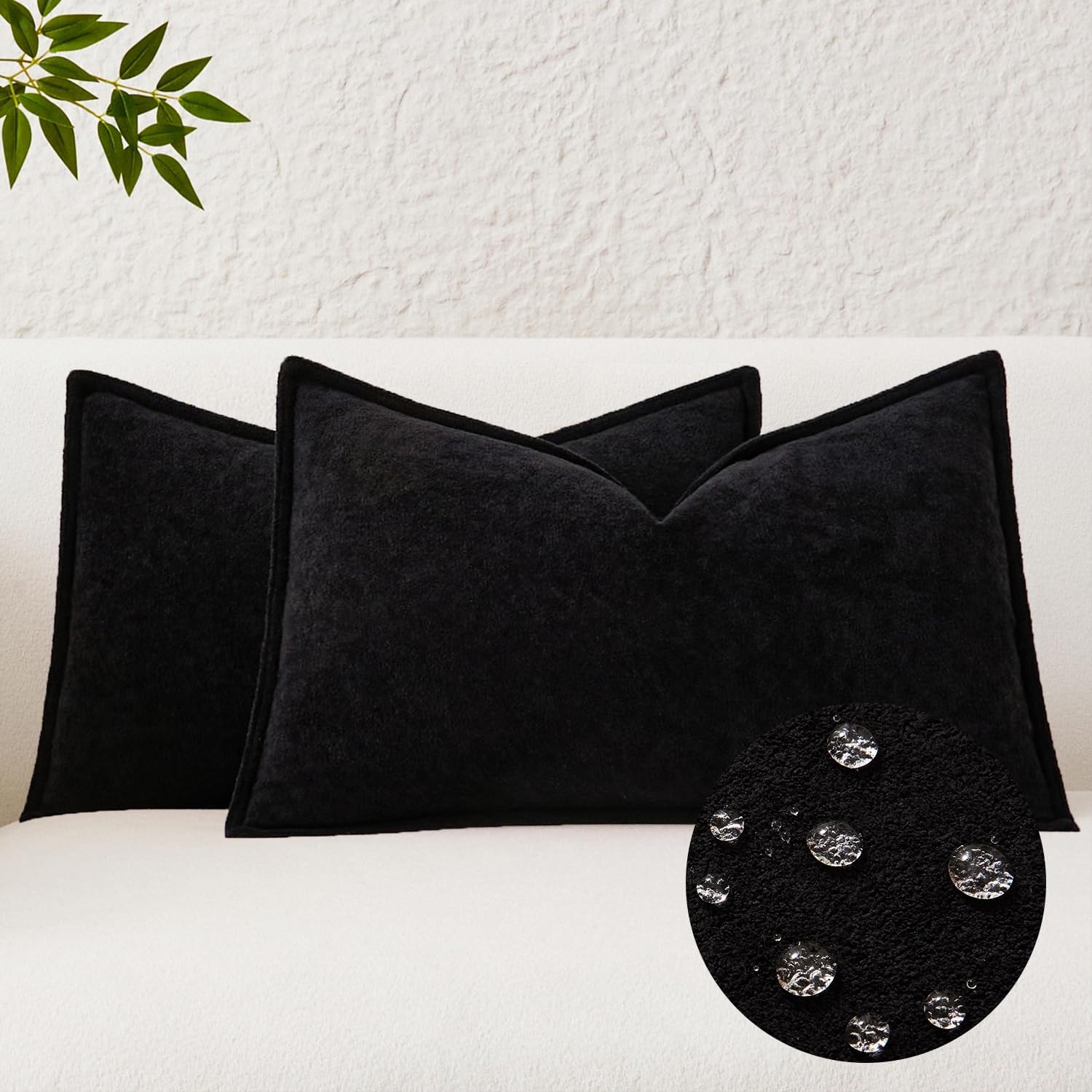 KevinTextile Kevin Textile Waterproof Decorative Pillow Covers Black 12x20 Inch Pack of 2 Soft Boucle Textured Lumbars Cushions Elegant Acc…