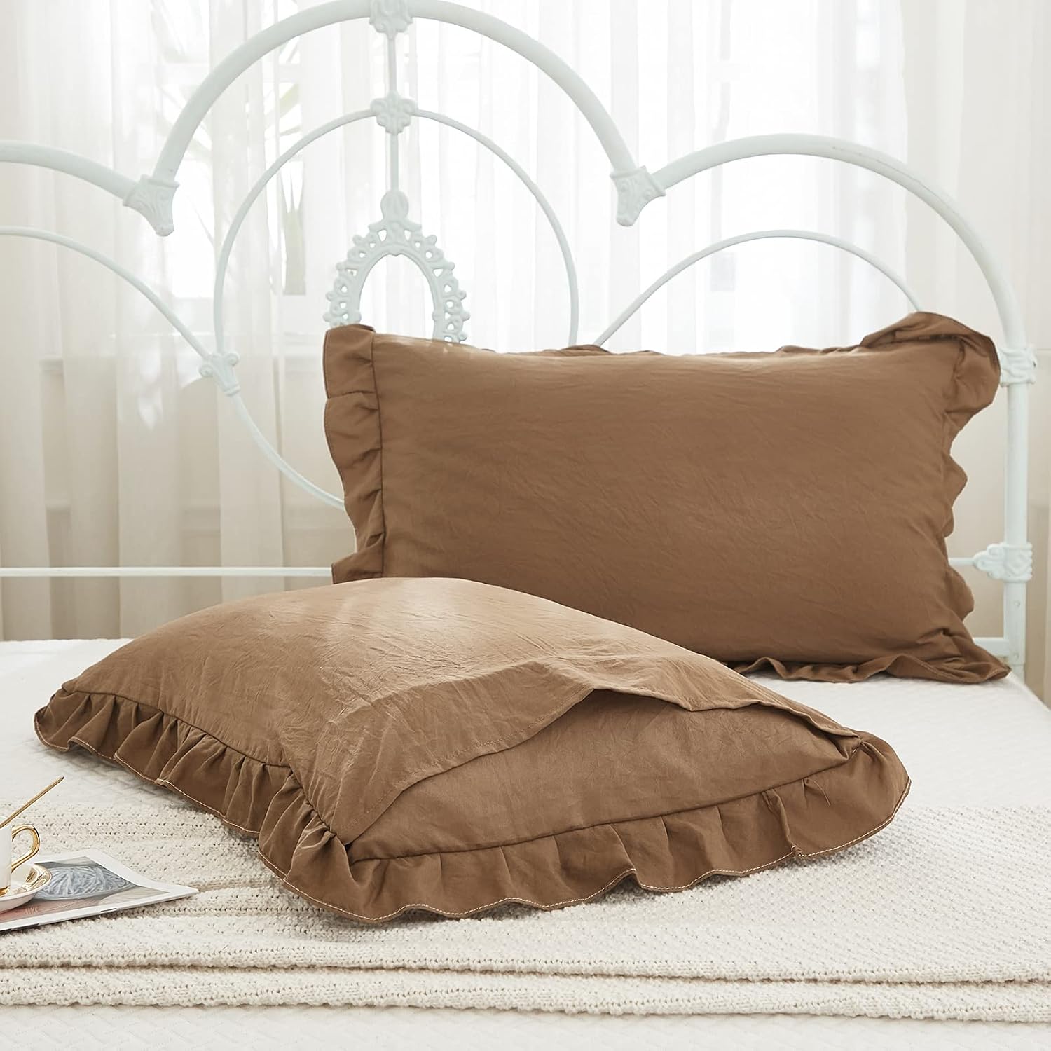 Merryword Brown Ruffle Standard Pillow Shams 20x26inch - Cute Coffee Pillowcases Set of 2 - Shabby Chic Soft Cover 2 Pack 2 Pack