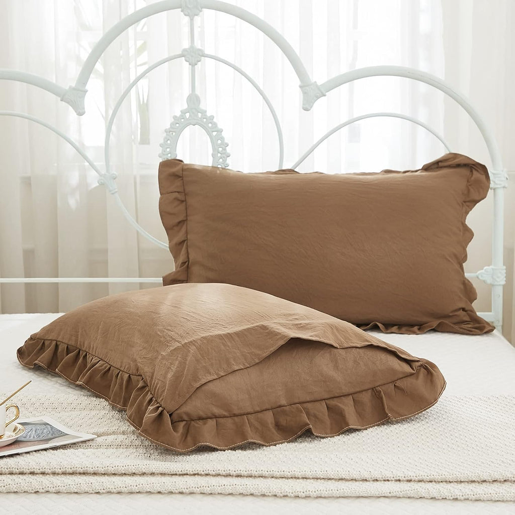 Merryword Brown Pillow Shams Coffee Brown Ruffle Queen Pillowcases Cute Pillow Cover Set of 2 Shabby Chic Soft Pillowcases 2 Pack (Queen (2…