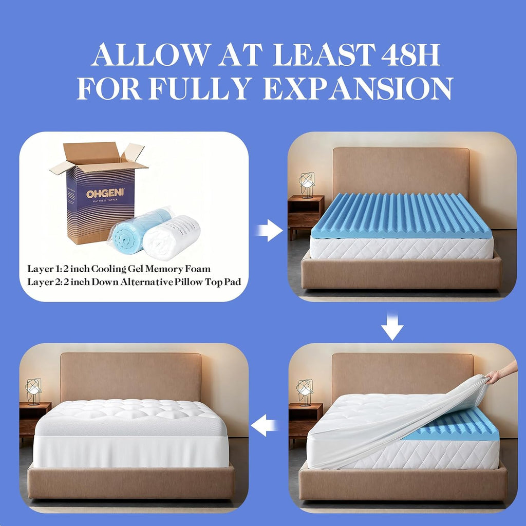 OhGeni Cooling 5 lnch King Size Dual Layer Mattress Topper, 3 Inch Egg Crate Gel Memory Foam, 2 Inch Breathable Pillow Top Pad, Bedroom Mat…