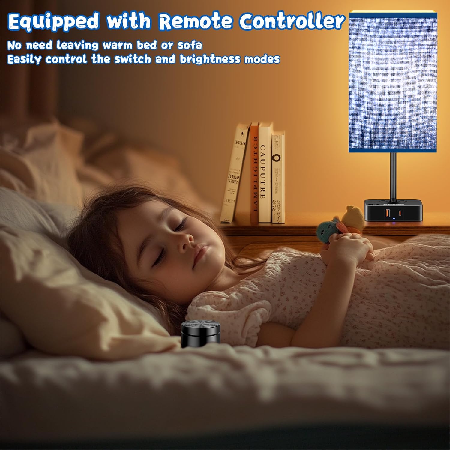 Bedside Lamp & Desk Lamp with Remote, Touch Control, USB-C/A Ports + Outlets | Blue Fabric Shade Nightstand Table Lamp for Bedroom…