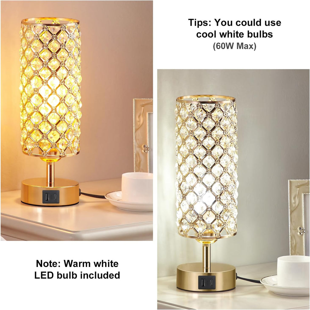 Crystal Table Lamp, Gold Lamp for Bedroom with USB-C USB-A Charging Ports, 3 Way Dimmable Light with Crystal Lampshade, Bedside Lamp…
