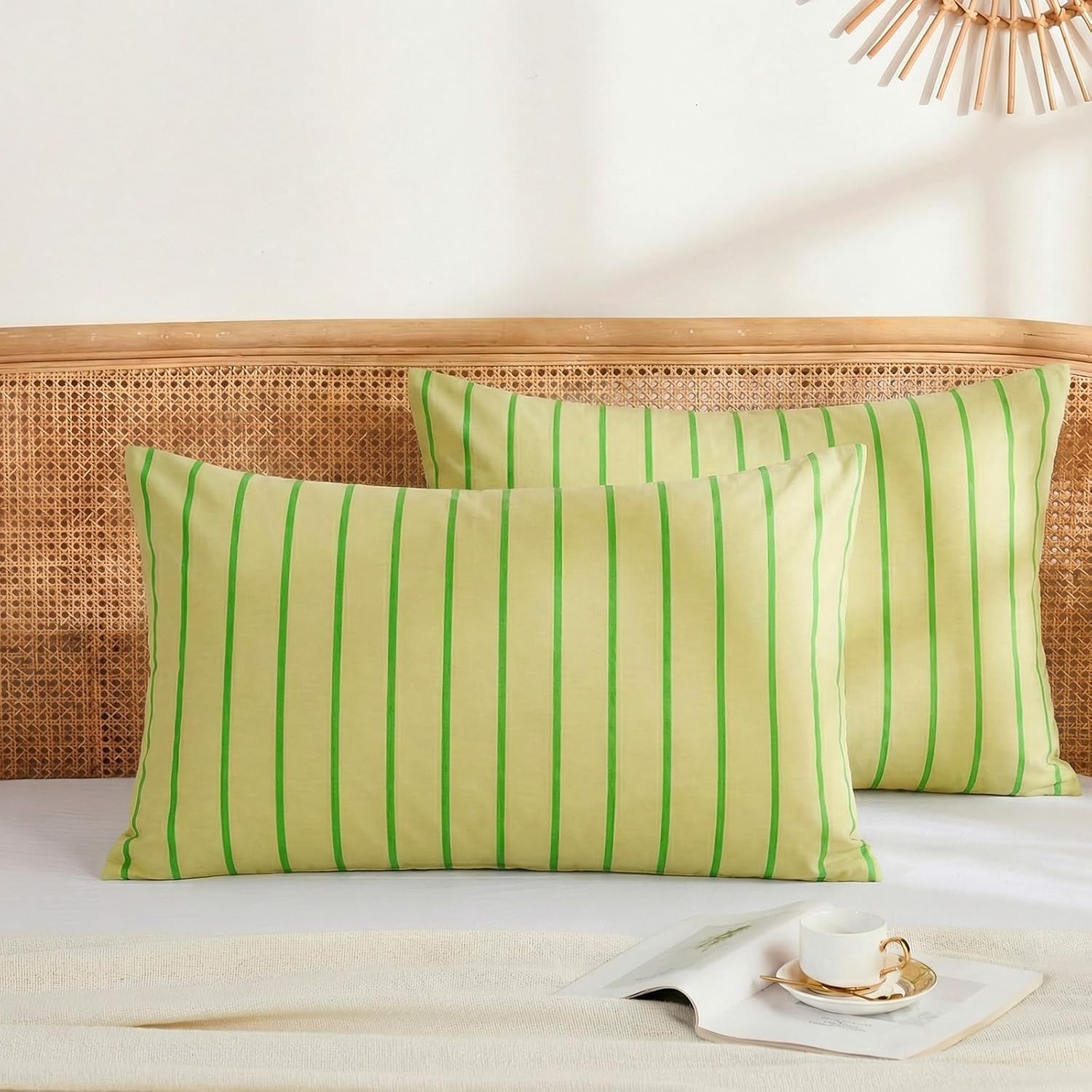 Merryword 100% Cotton Pillow Cases, Standard Size Pillowcases, Khaki & Green Striped Pillowcases, Luxury Linen Like Pillowcase, Soft Breath…