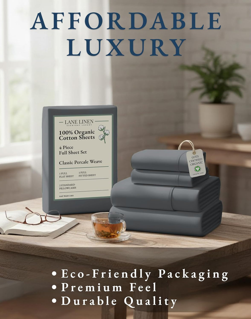 LaneLinen LANE LINEN 100% Organic Cotton Full Size Sheets, Hotel Like Crisp Percale Low Pill Fade Resistant Reinforsed Seam Cotton Sheets,…