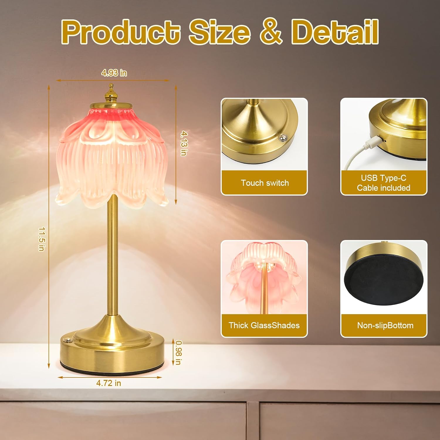 Crkwos Cordless Lotus Flower Table Lamp, 5200mAh Rechargeable Battery Operated Portable Lamp, 3-Color Dimmable Touch Control Small D…