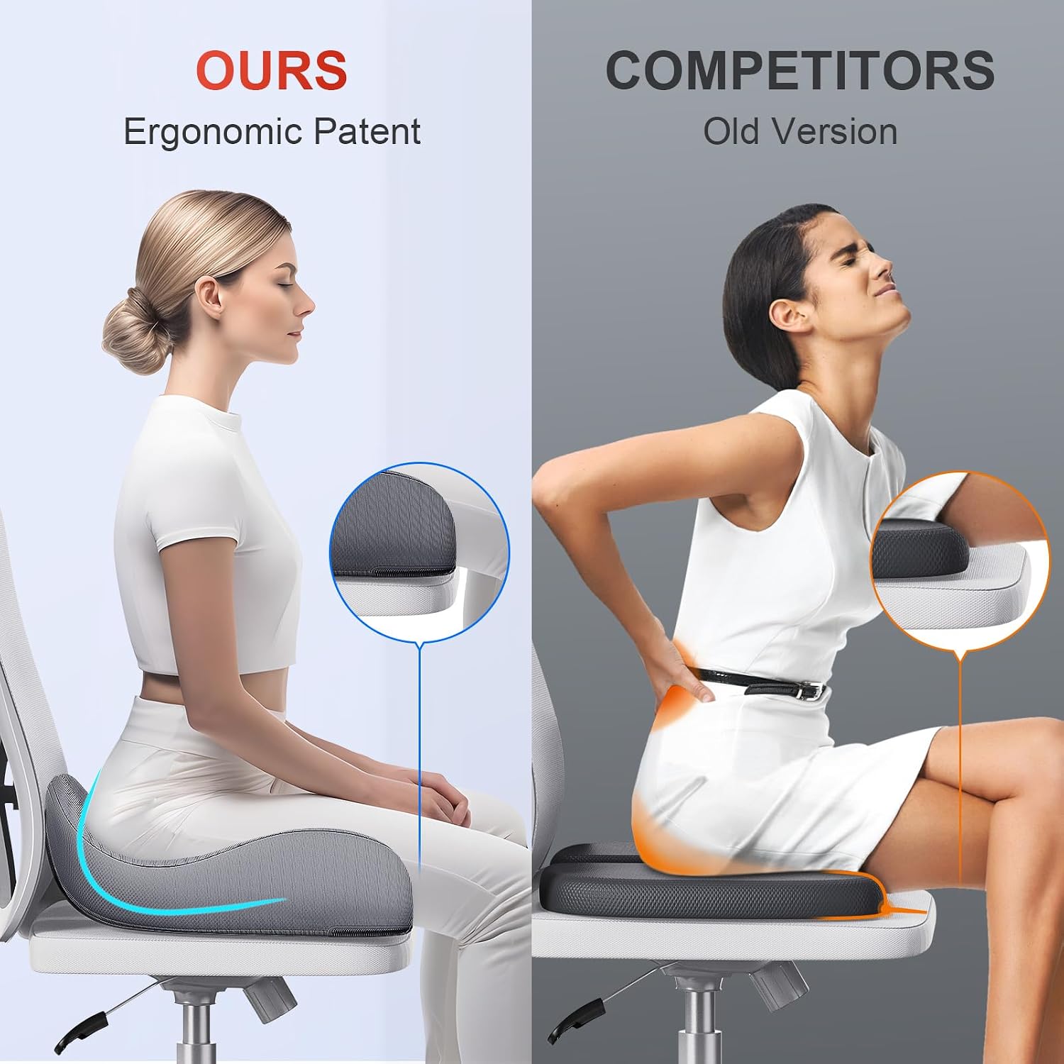Benazcap X Large Memory Seat Cushion for Office Chair Ergonomic Cushions Butt Pillow for Pressure Relief Sciatica & Memory Foam for Long Si…