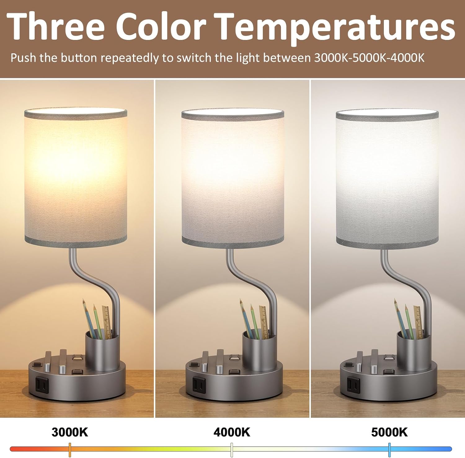 Grey Bedside Table Lamps for Bedroom Set of 2 - Nightstand Light with AC Outlet and USB A & C for Charging, 3 Color Temperatures Desk…