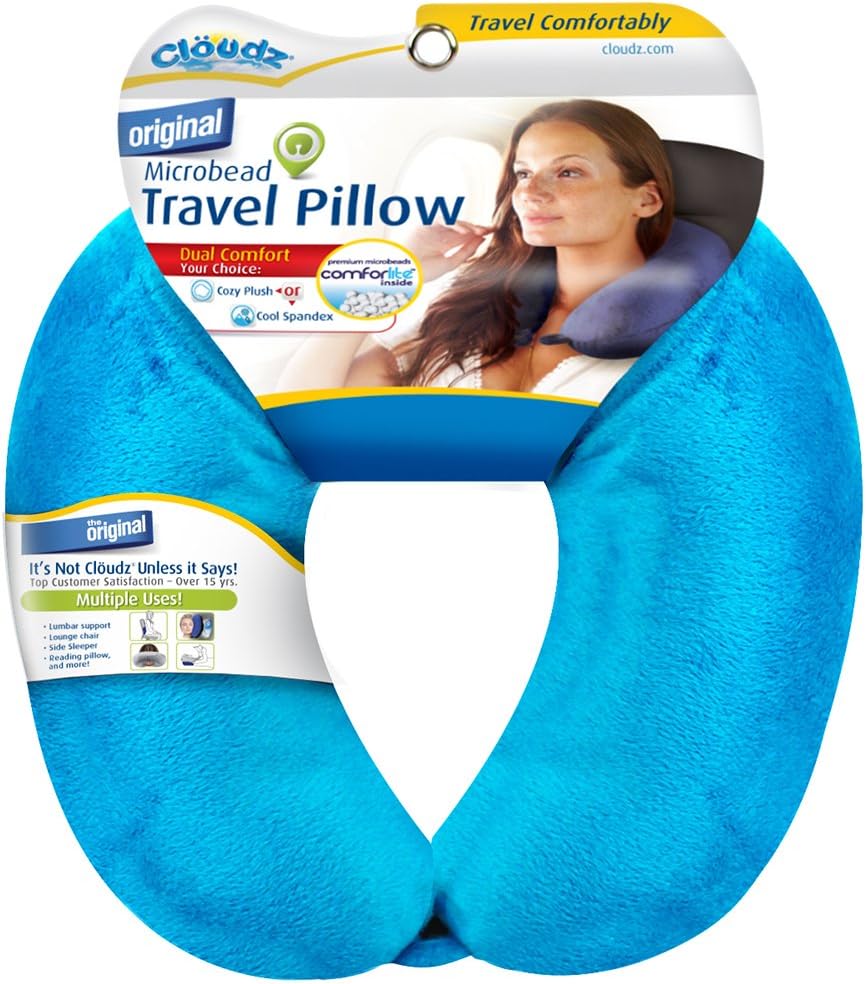 Cloudz Dual Comfort Microbead Airplane Travel Neck Pillow. Soft Cozy Plush Fabric on One Side, Cool Relaxing Spandex on The Other!…