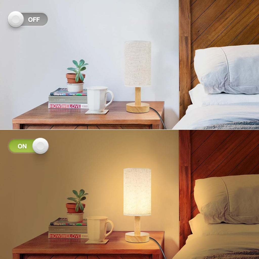 Small Bedside Table Lamps for Bedroom Set of 2, Natural Round Wood Base&Fabric Linen Shade, Cozy Night Light for Study Reading, Minimalist…