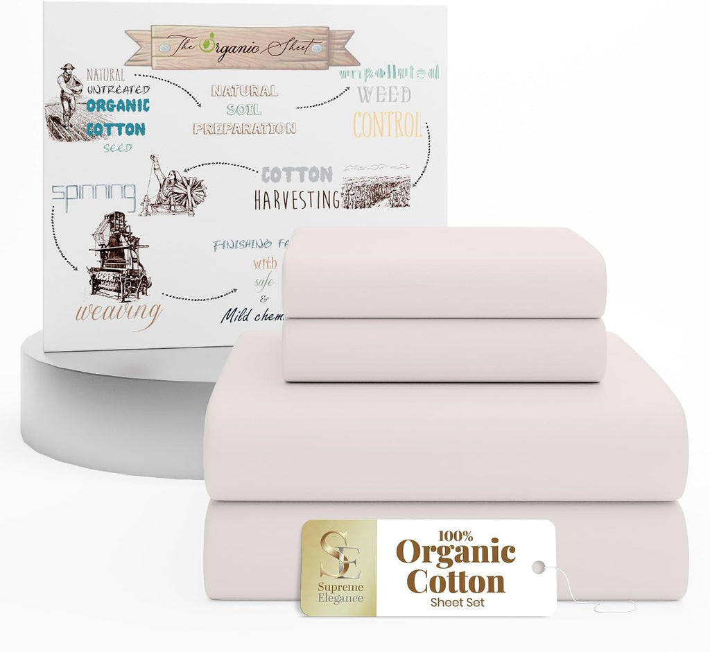 SupremeElegence SUPREME ELEGANCE 100% Organic Cotton Queen Sheet Set (4 Pieces) - Percale - Crisp, Breathable & Cooling Sheets for Hot Slee…