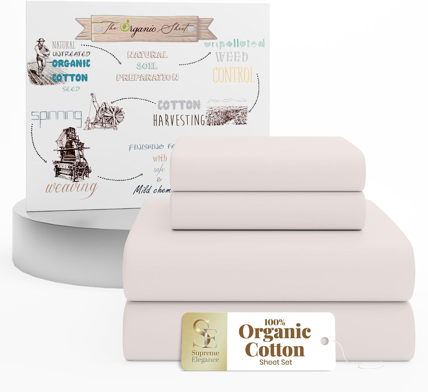 SupremeElegence Supreme Elegance 4Pcs 100% Organic Cotton King Size Bed Sheets Set - Cooling Percale Weave for Hot Sleepers - Brushed for S…