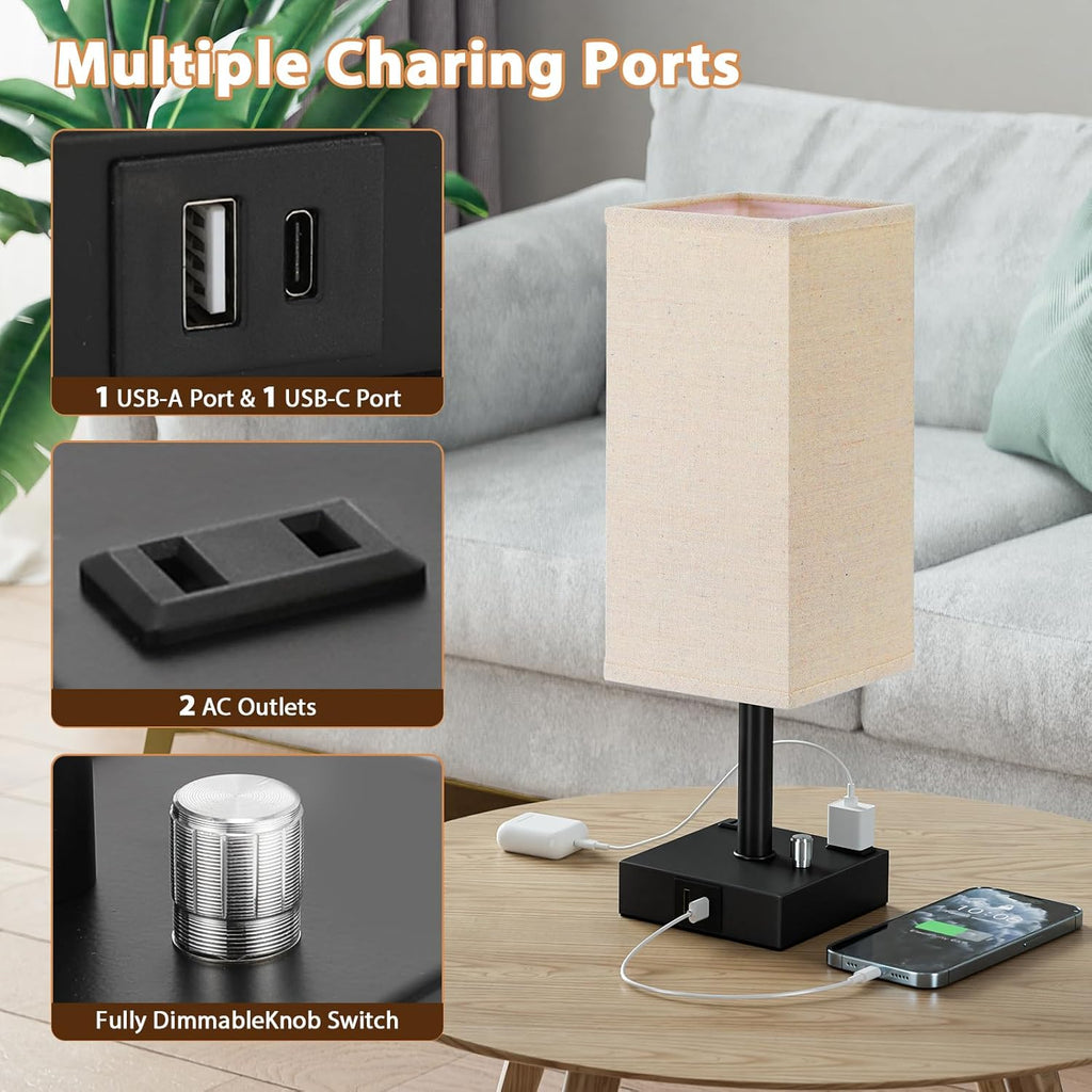 aooshine Fully Dimmable Nightstand Lamps Set of 2 - Table Bedside Lamp with USB C+A Charging Ports & 2 AC Outlets, Square Lamp Sets Linen…