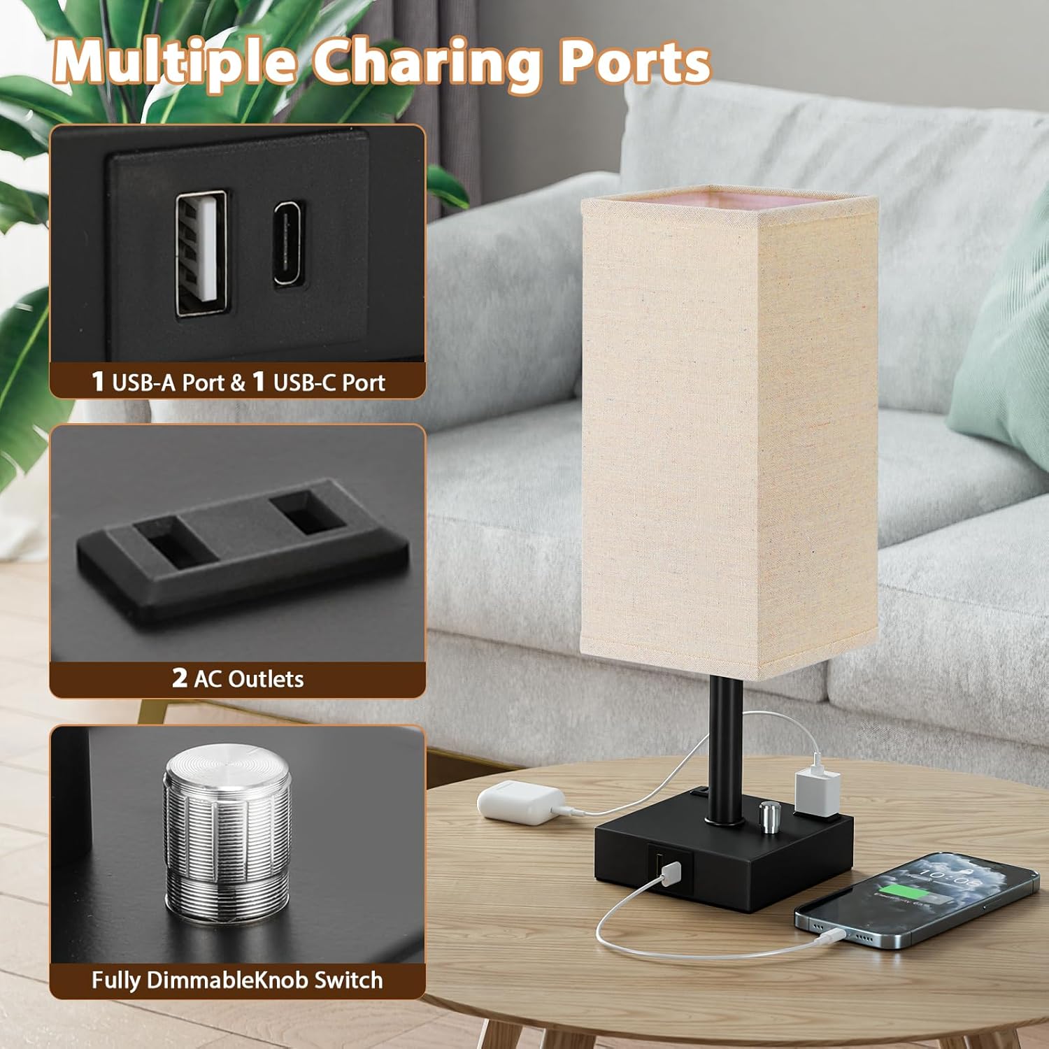 aooshine Fully Dimmable Nightstand Lamps Set of 2 - Table Bedside Lamp with USB C+A Charging Ports & 2 AC Outlets, Square Lamp Sets Linen…