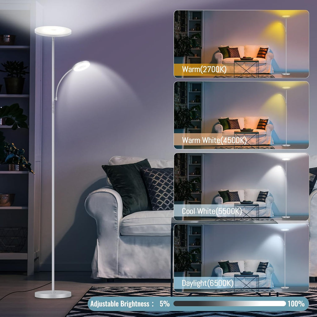 Marctronic Silver Gray Floor Lamp, 42W 4000LM Super Bright LED Lamp with Reading Light for Living Room Bedroom Office, Dimmable Standing La…