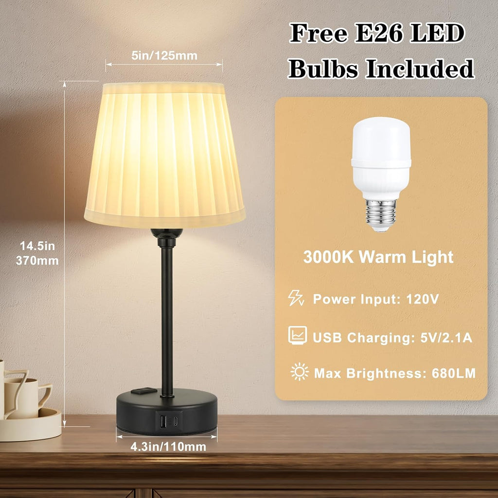 White Bedside Lamps for bedrooms Set of 2 - White Pleated Lamp Shade with USB Charging Ports, Touch Lamps for Nighstand, Night Stand Lamp…
