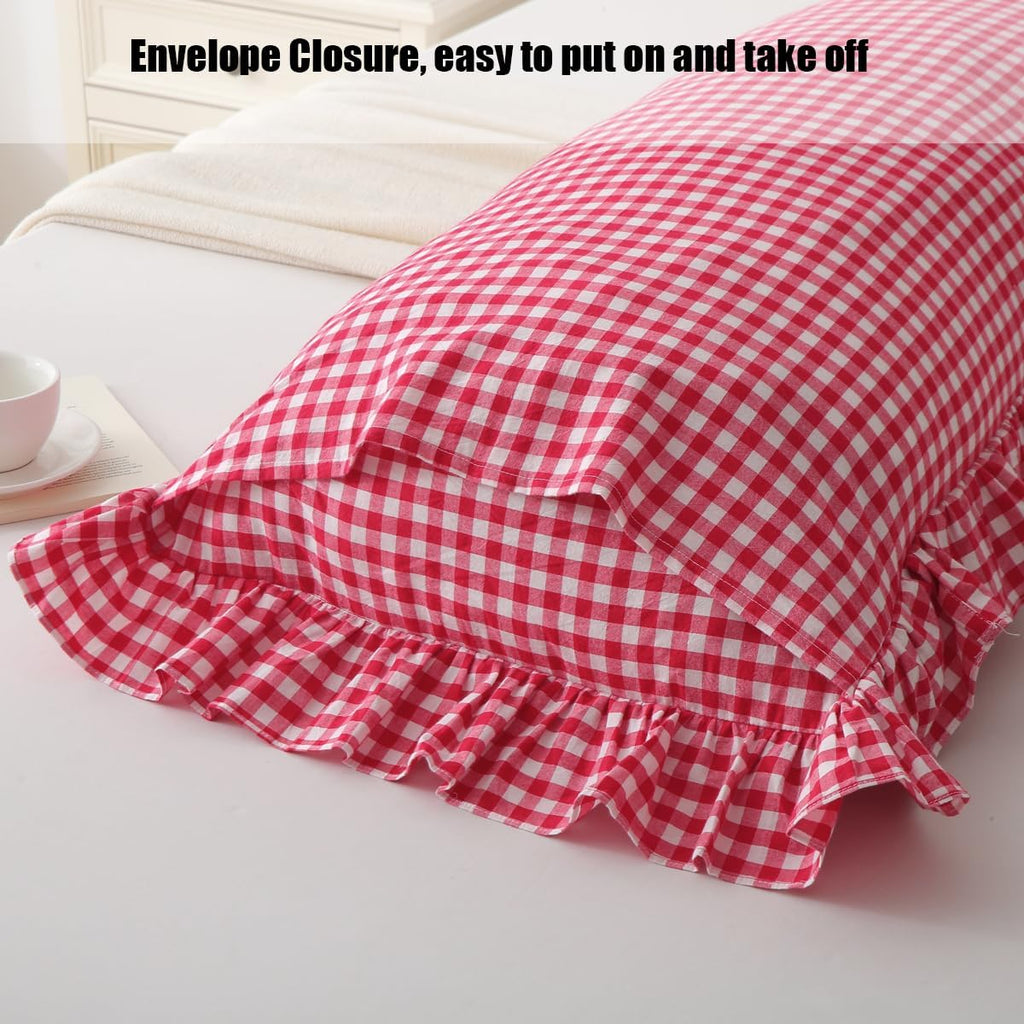 Silnuo Gingham Ruffle Body Pillow Cover, Washed Cotton Red/White Plaid Checkered Long Pillowcase Vintage Pillow Sham-20" x 54" Cotton Red
