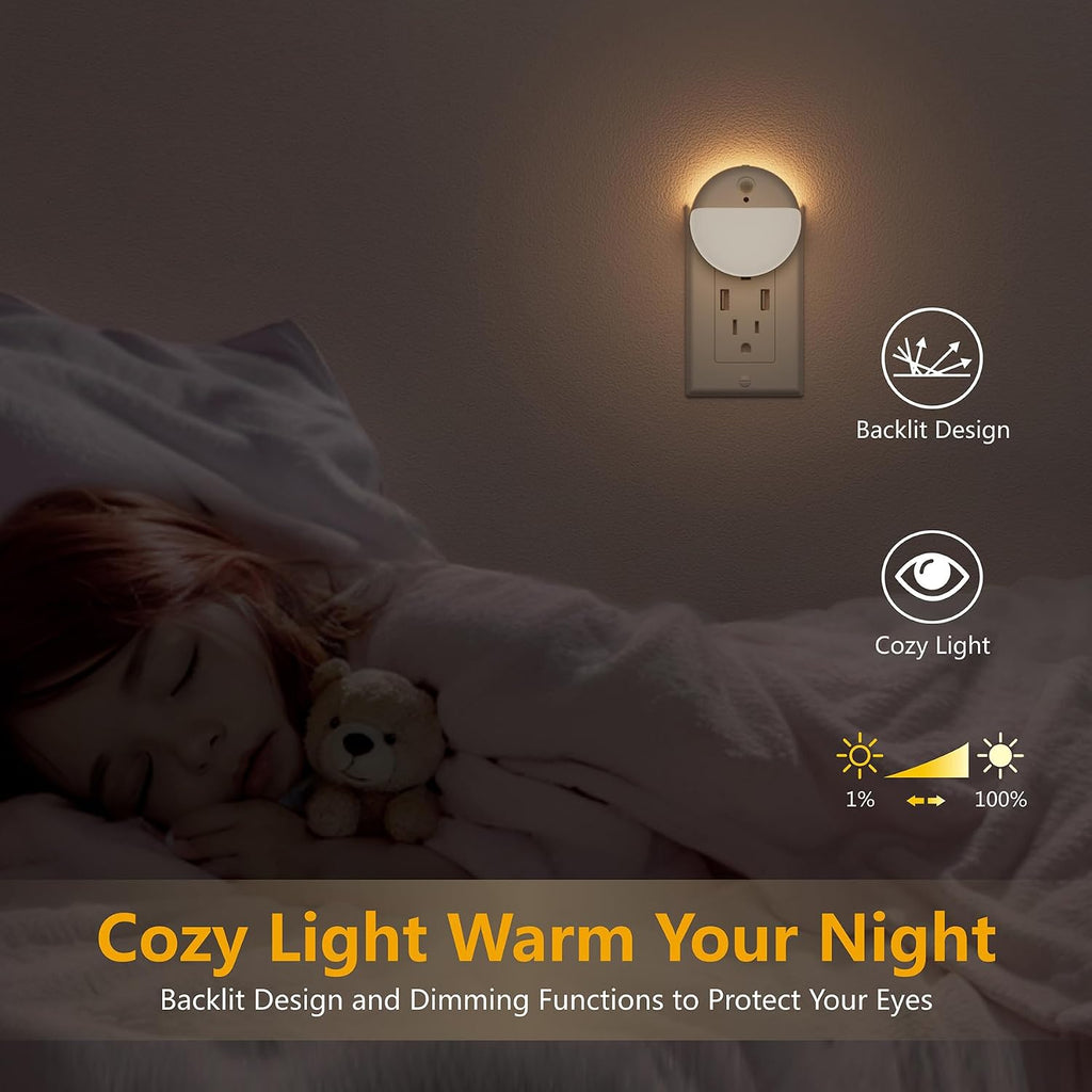 YUNLEX 2 Pack Plug in Night Light with Motion Sensor and Dusk to Dawn Sensor, Stepless Dimming, Warm White LED Nightlight with 3 Lighting…