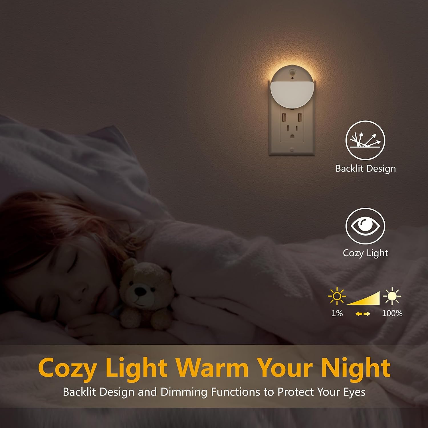 YUNLEX 2 Pack Plug in Night Light with Motion Sensor and Dusk to Dawn Sensor, Stepless Dimming, Warm White LED Nightlight with 3 Lighting…