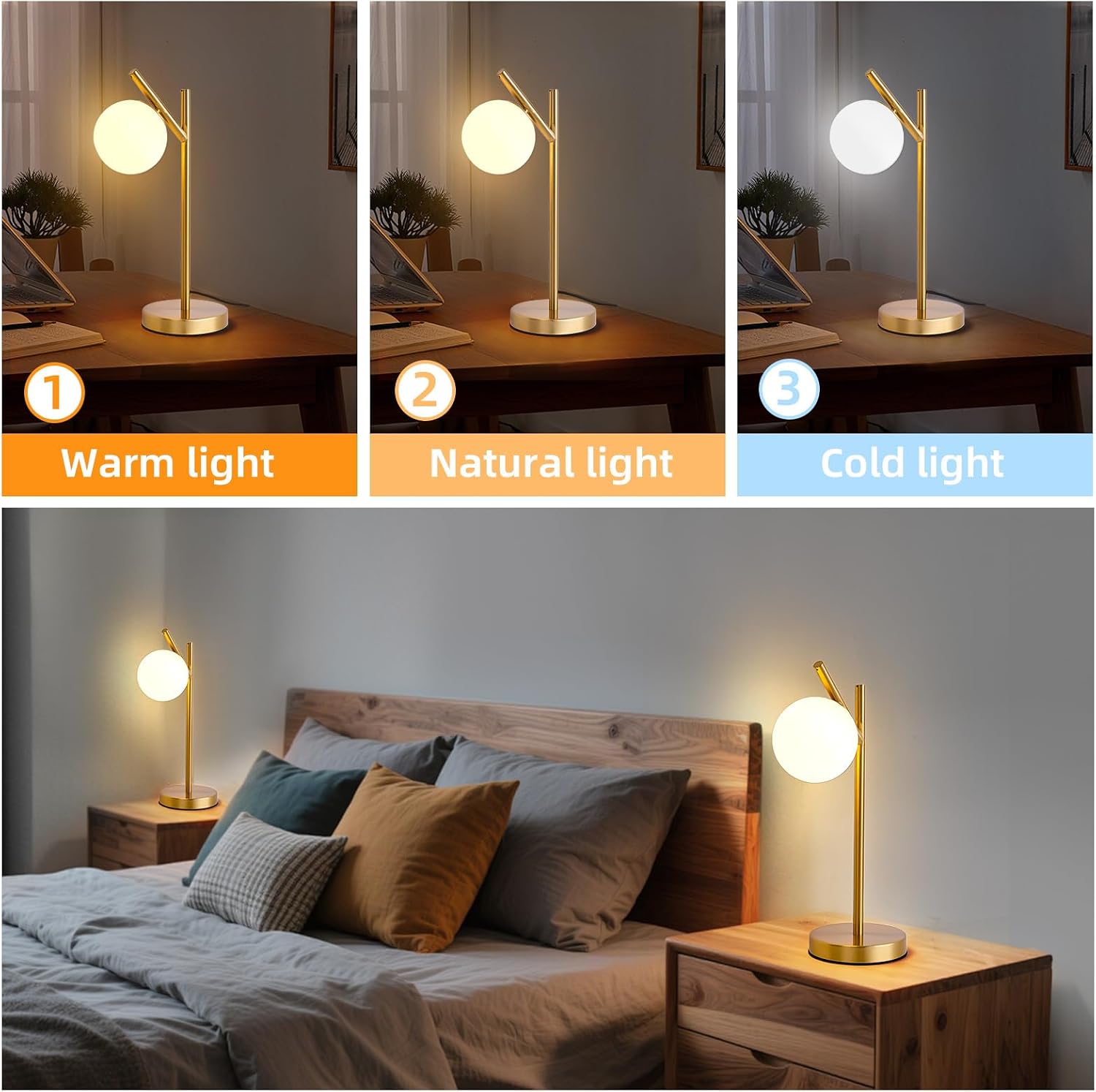 KardleenFocusOnIndoorLight Gold Table Lamp, White Glass Globe lamp Mid Century Modern Bedside lamp Soft Glow Bedside Nightstand Light for B…