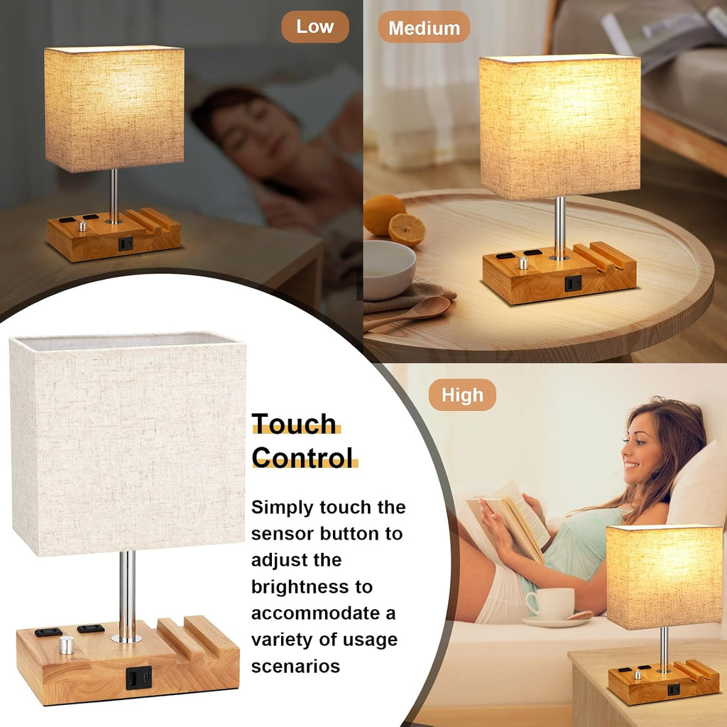 Kakanuo Fully Dimmable Nightstand Lamp for Bedroom with USB C Ports, Small Bedside Table Lamp with Charging Outlets and Phone Stands…