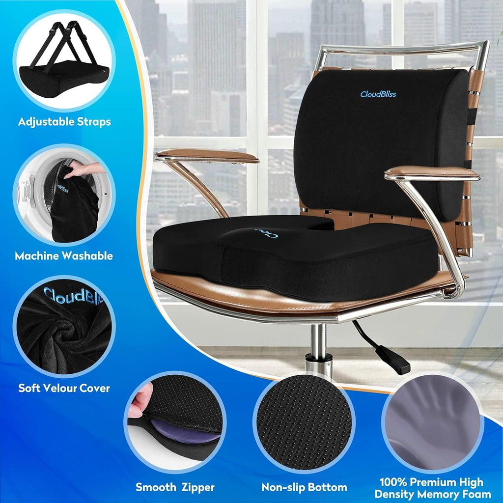 CloudBliss Lumbar Support Pillow & Seat Cushion Set for Office Chair, Desk Chair, Wheelchair & Car–Memory Foam Back Support, Ergonomic Chair…
