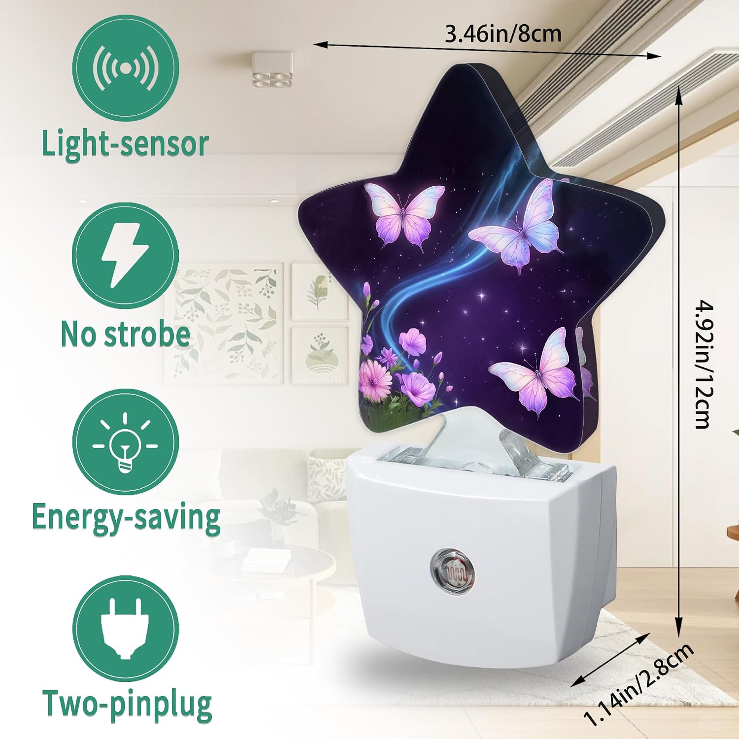Butterflies Star Night Light Plug in, Decorative Night Light for Kids Room Nursery Bedroom, Soft Glow Sensor Lamp for Hallway Bathroom…