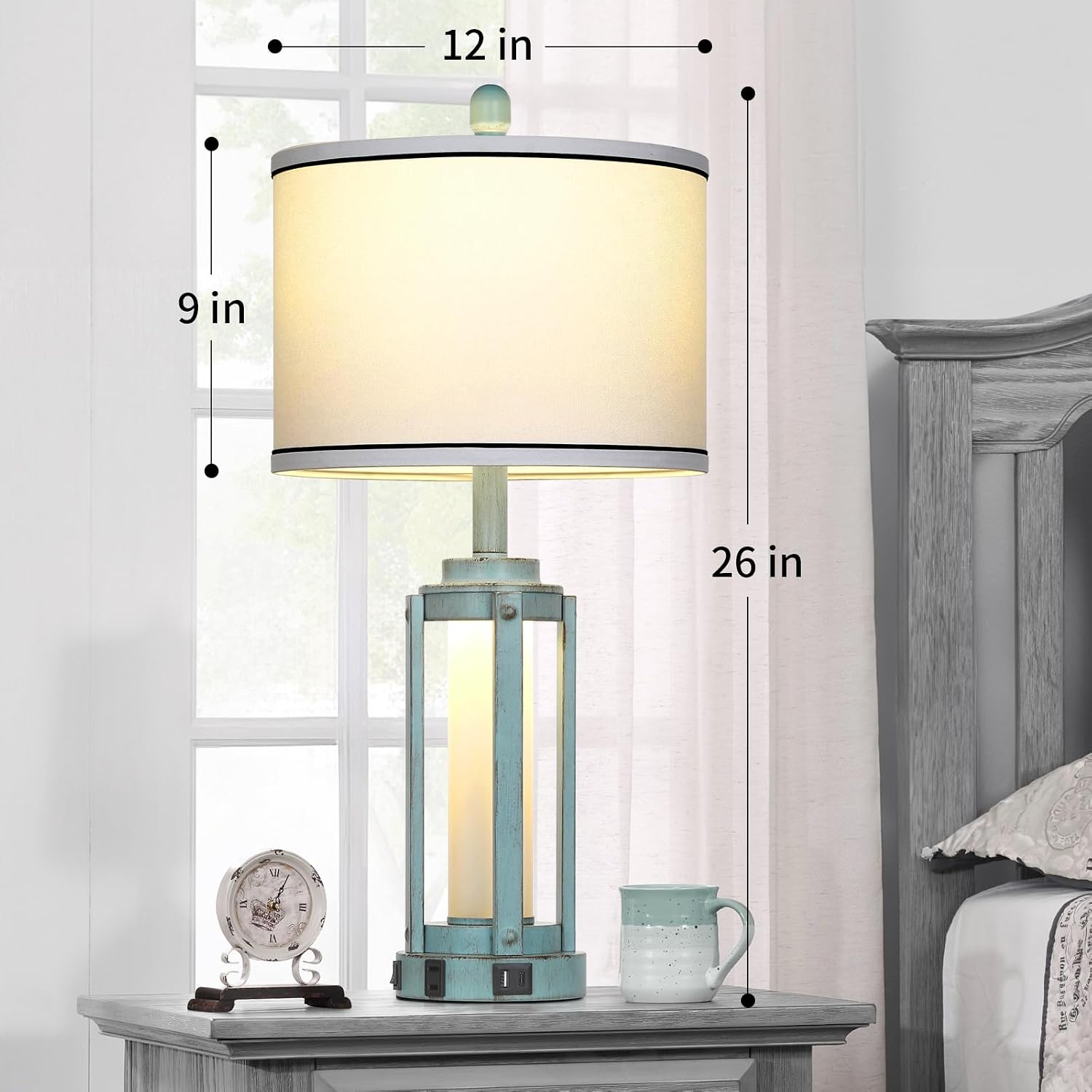 Industrial Farmhouse Table Lamp, 26" Vintage Rustic Beside Lamp with USB A+C Charging Ports & AC Outlet, Nightstand Metal Lamp with LED…