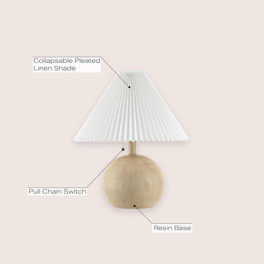 Jonathany JONATHAN Y 17.25" Beige Wood Finish/White Sphere Table Lamp, Mid-Century Bedside Nightstand with Beige Pleated Linen Shade, Scand…
