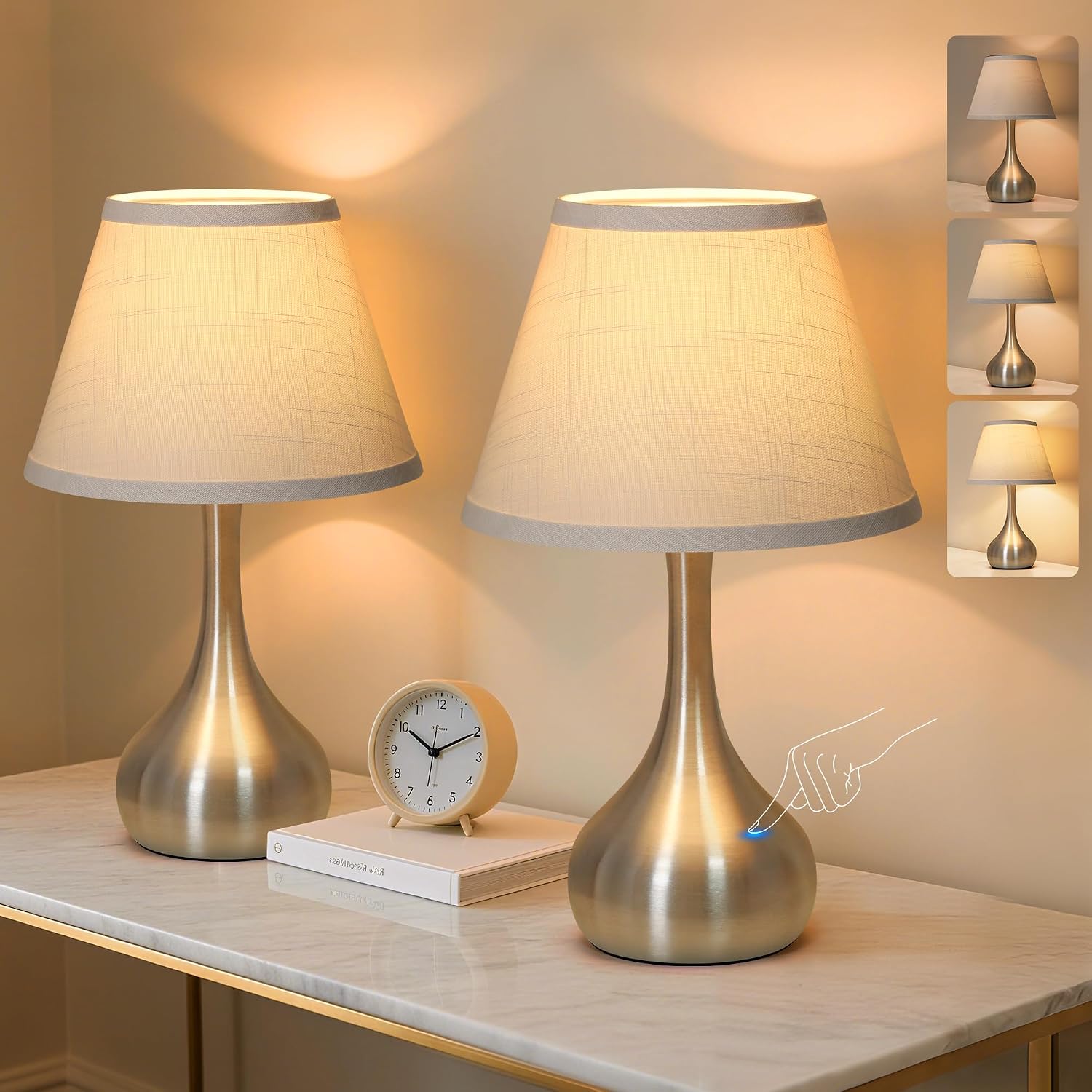 17” Touch Table Lamp for Bedroom Set of 2, 3-Way Dimmable Bedside Lamp for Nightstand, Modern Metal Desk Lamp with Linen Shade for Living…