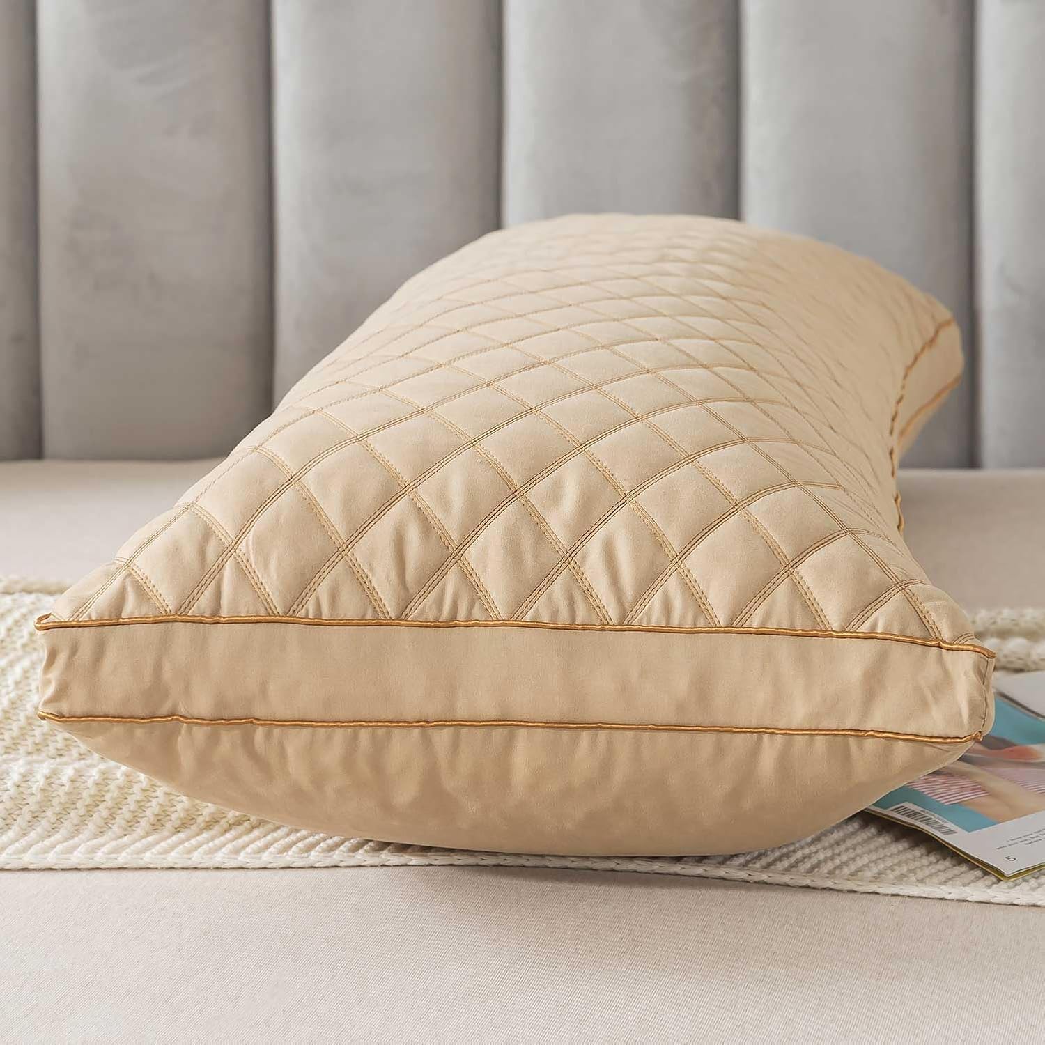 WhatsBedding Memory Foam Body Pillow for Adults, Long Pillow for Sleeping, Full Body Pillow for Bed - Dark Beige Quilted