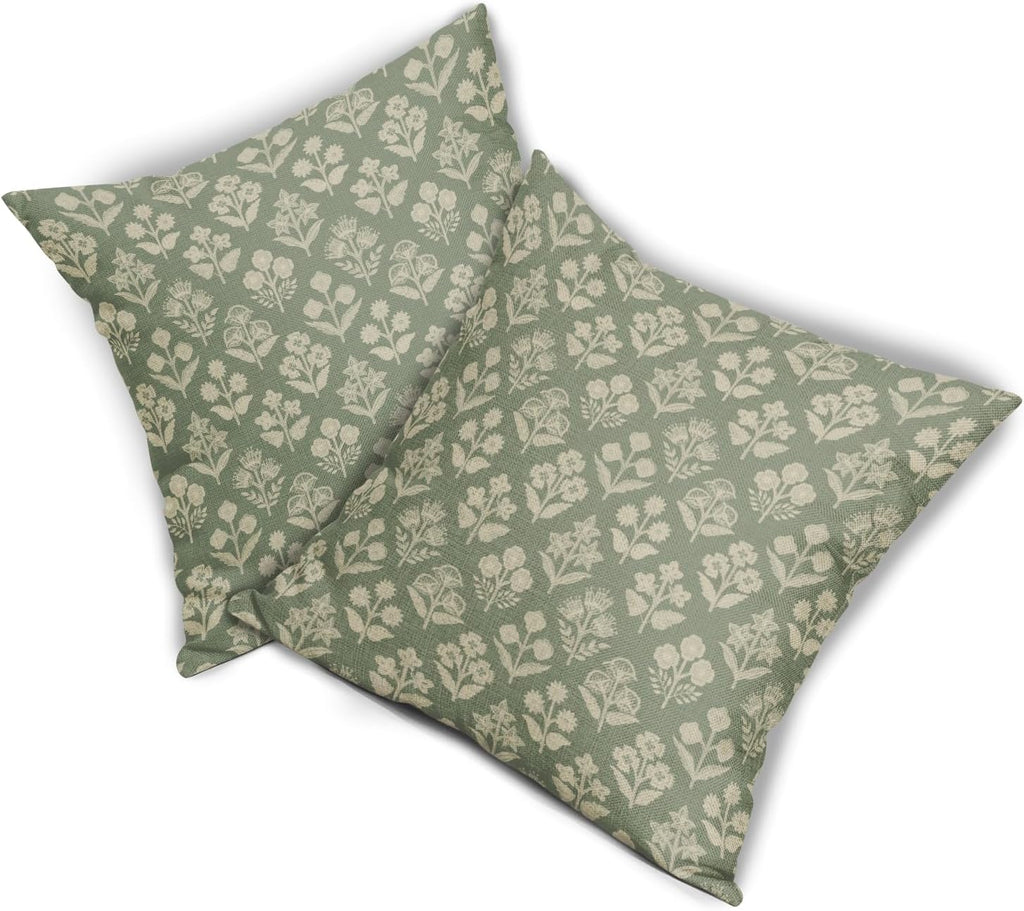 Sage Green Floral Pillow Covers 22x22 Inch Set of 2, Vintage Flower Block Print Pattern Decorative Throw Pillowcases Outdoor Farmhouse…