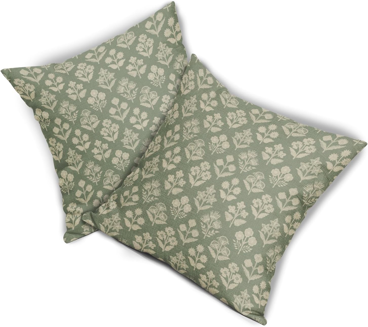 Sage Green Floral Pillow Covers 22x22 Inch Set of 2, Vintage Flower Block Print Pattern Decorative Throw Pillowcases Outdoor Farmhouse…