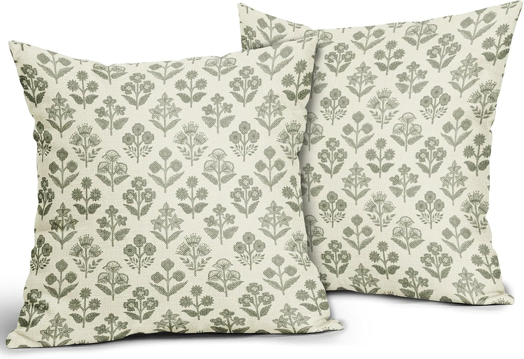 Sage Green Floral Pillow Covers 18x18 Inch Set of 2, Vintage Flower Block Print Pattern Decorative Throw Pillowcases Outdoor Farmhouse…