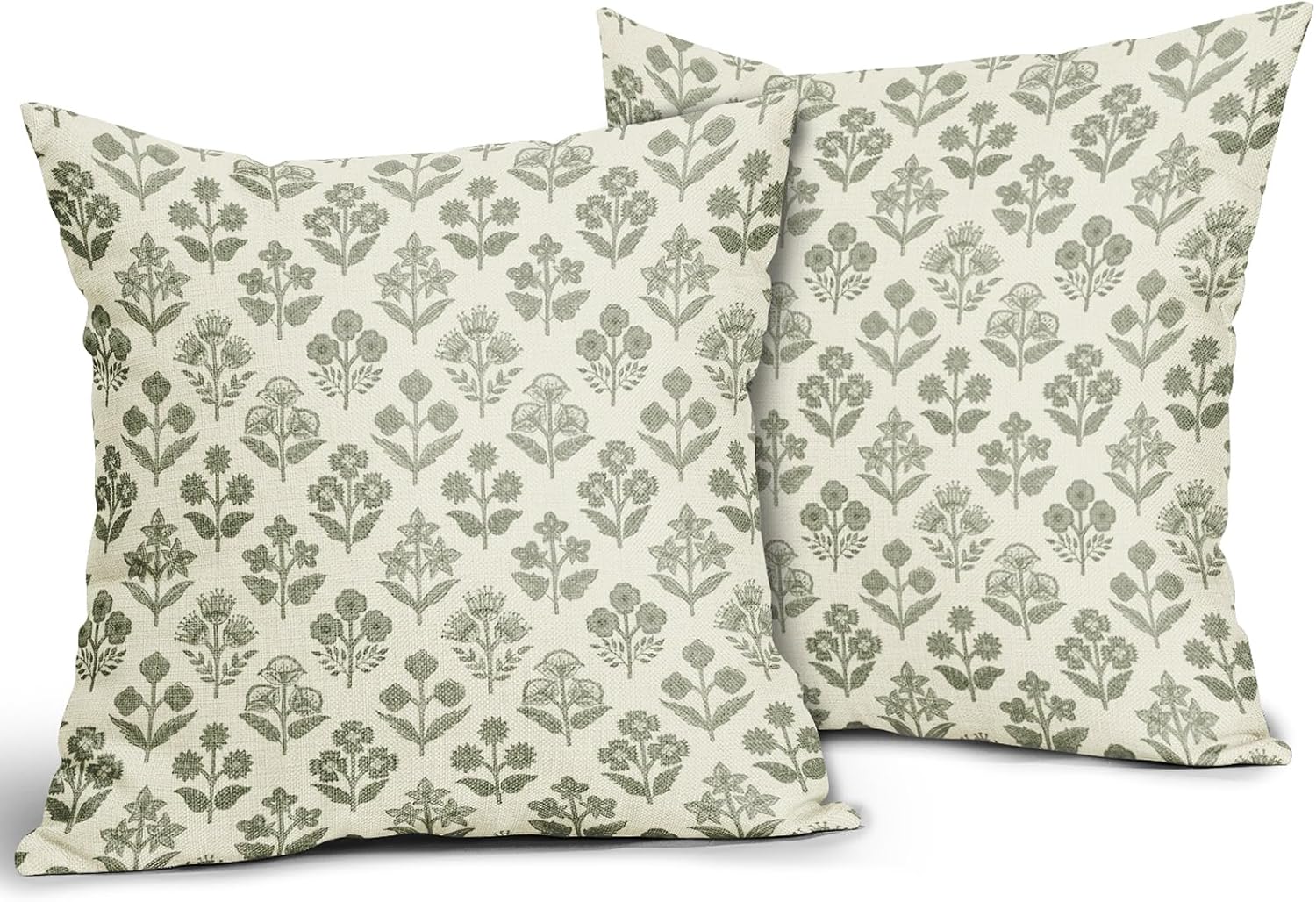 Sage Green Floral Pillow Covers 18x18 Inch Set of 2, Vintage Flower Block Print Pattern Decorative Throw Pillowcases Outdoor Farmhouse…