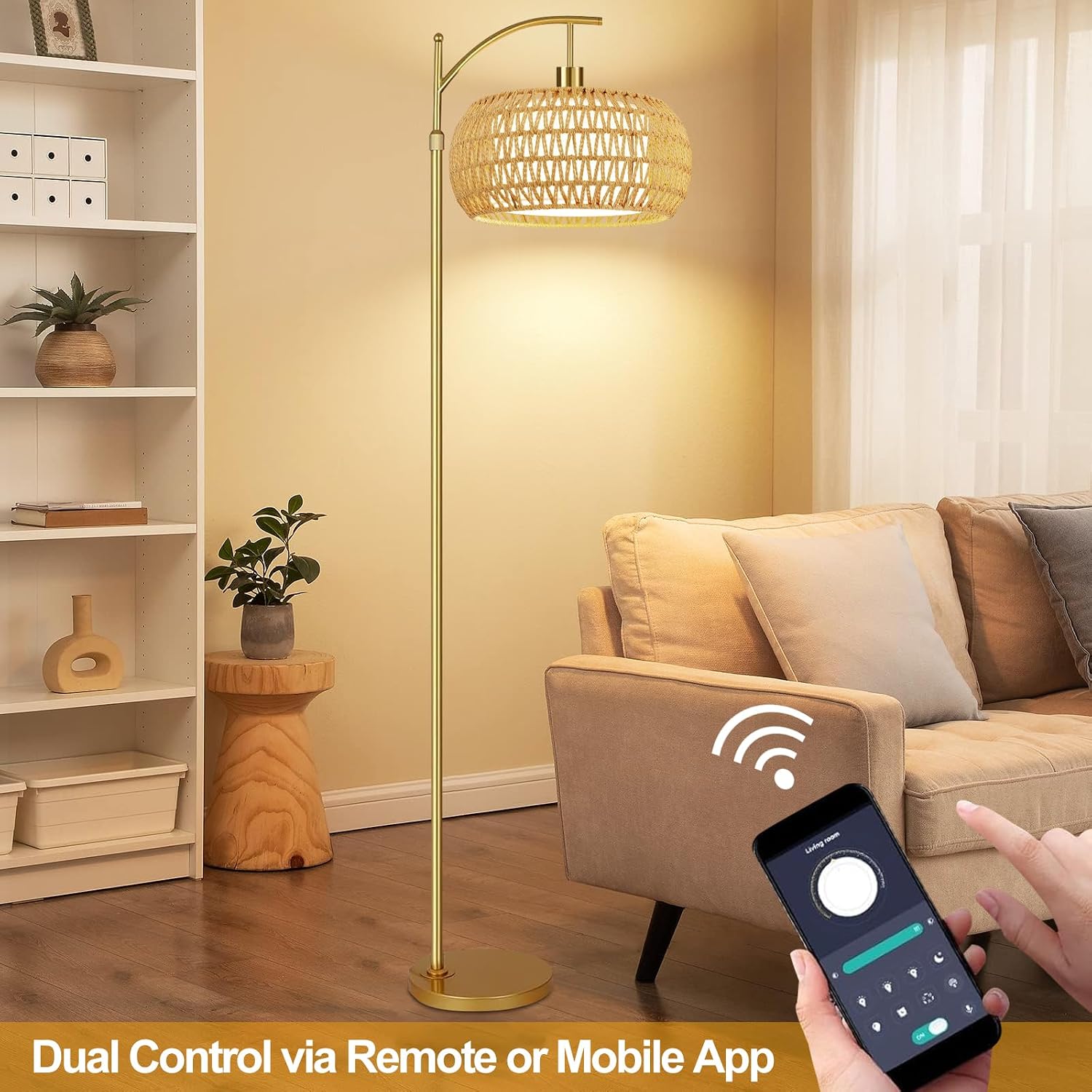 ZECOXOL Gold Floor Lamps for Living Room Rattan Boho Floor Lamp with Remote Control & 3 Color Temperature, Dimmable Arc Floor Lamps Brass…