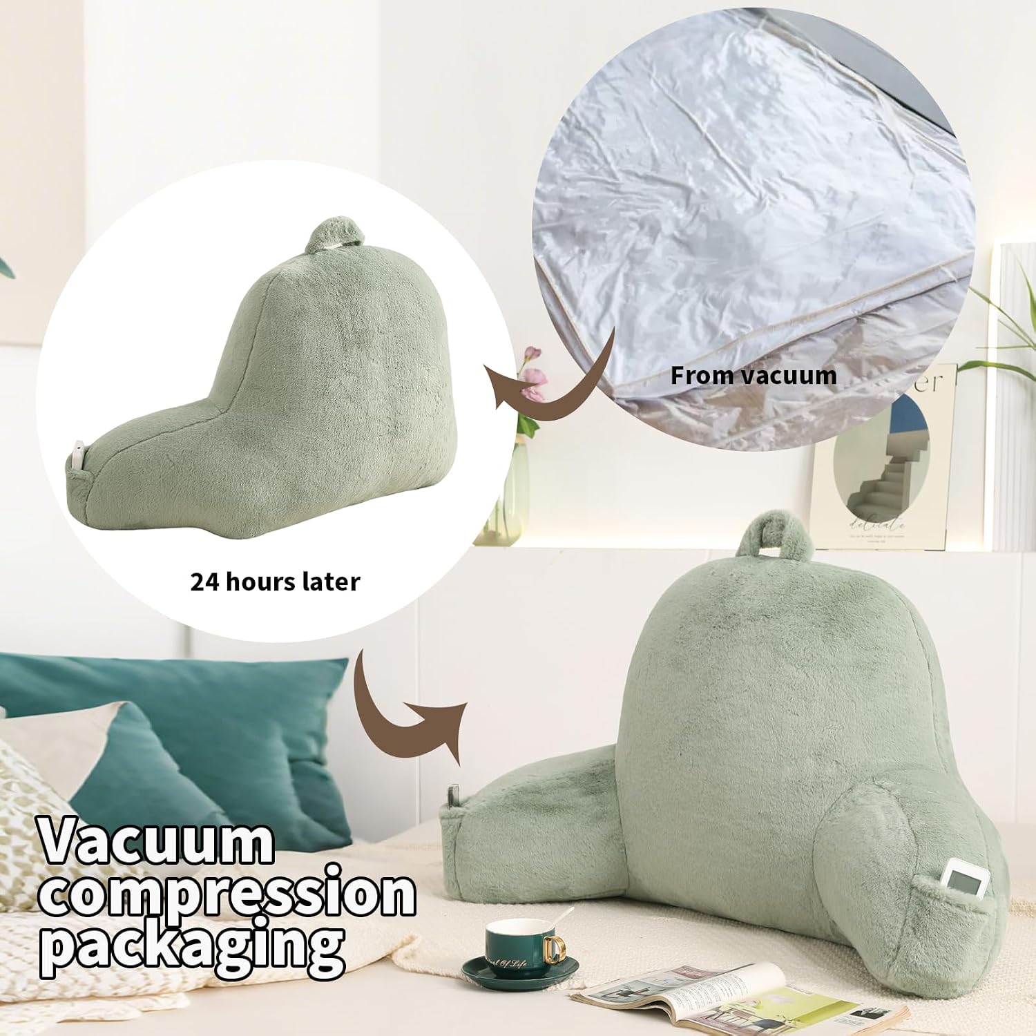 Pajeo Large Plush Backrest Pillow for Sitting in Bed, Faux Fur Sitting Pillows with Support Arms, Oeko-TEX Certified Aesthetic Lounging Pillo…
