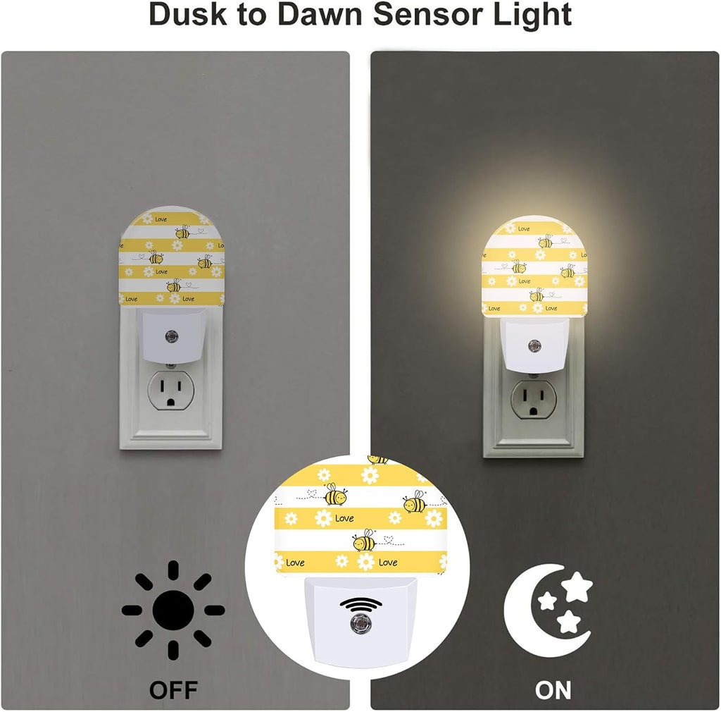 Cartoon Bees with Daisy Flowers Night Light Plug into Wall, Yellow Floral Bee Love Dusk to Dawn Night Light,0.5w Energy Saving Sleep…