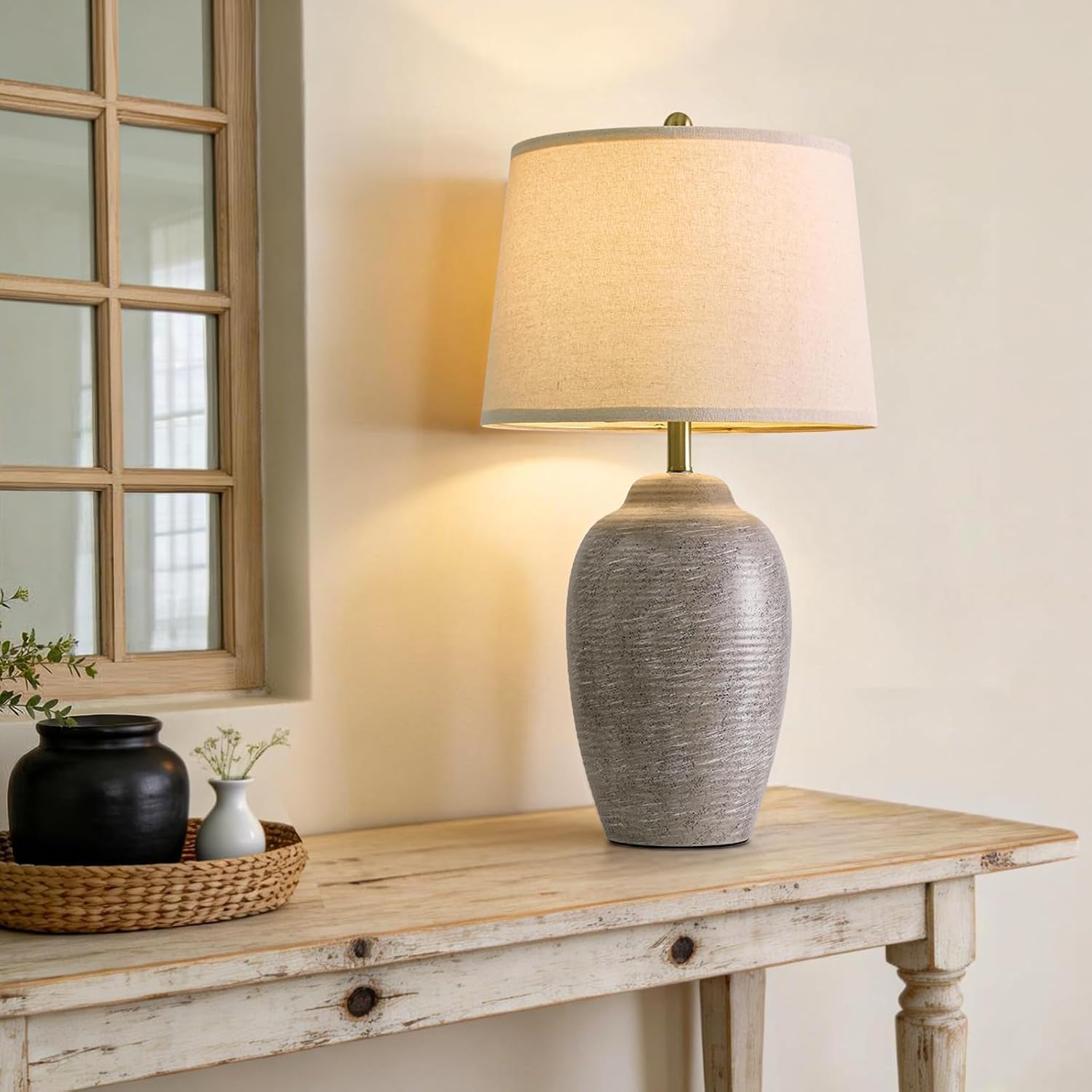 USumkky 29.5" Tall Vintage Ceramic Table Lamp with 5FT Cord - Single Large Rustic Farmhouse Bedside Lamp with Linen Shade & Natural Texture…